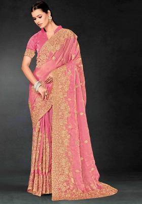 Pink Zari Embroidered Sequin Art Silk Saree Set