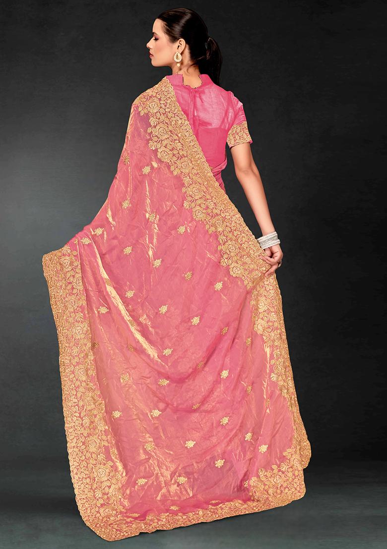 Pink Zari Embroidered Sequin Art Silk Saree Set