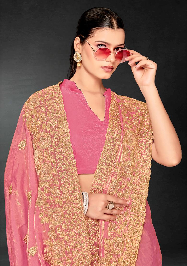 Pink Zari Embroidered Sequin Art Silk Saree Set