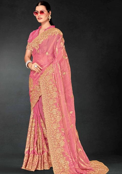Pink Zari Embroidered Sequin Art Silk Saree Set