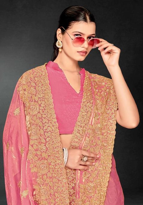 Pink Zari Embroidered Sequin Art Silk Saree Set