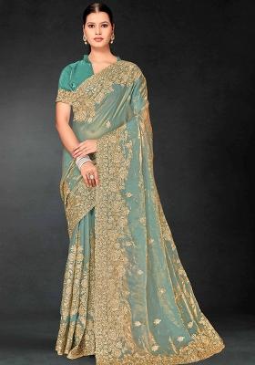 Sea Green Zari Embroidered Sequin Art Silk Saree Set