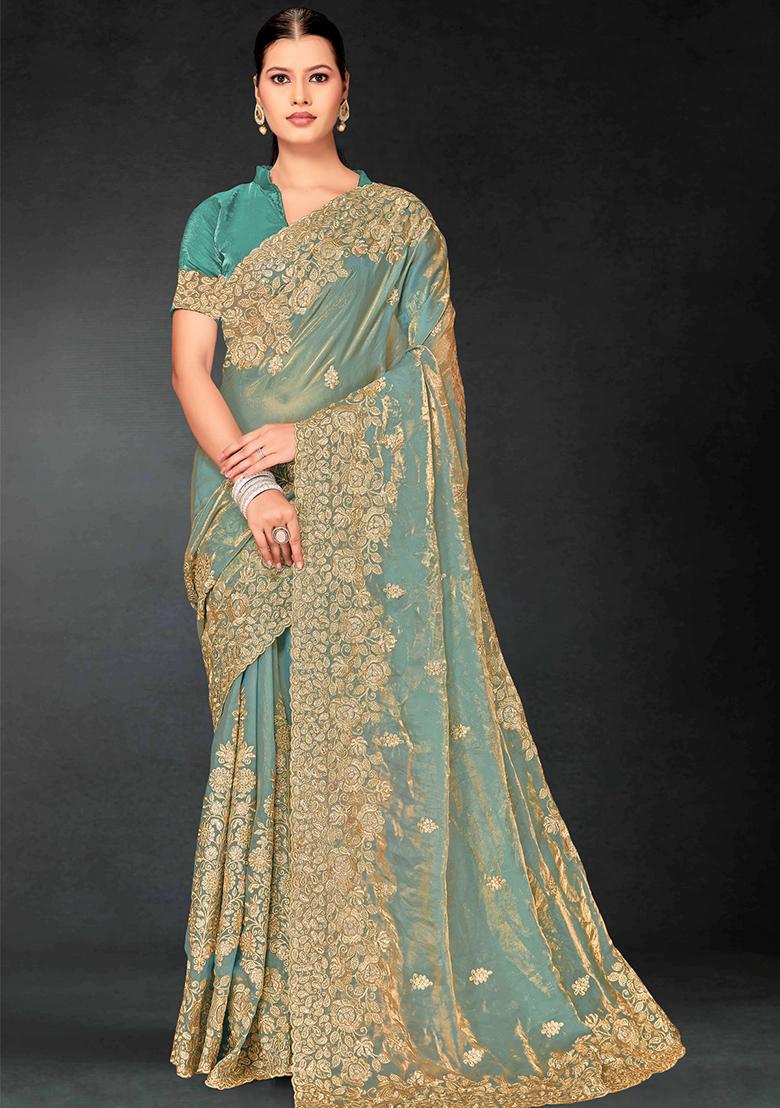Sea Green Zari Embroidered Sequin Art Silk Saree Set