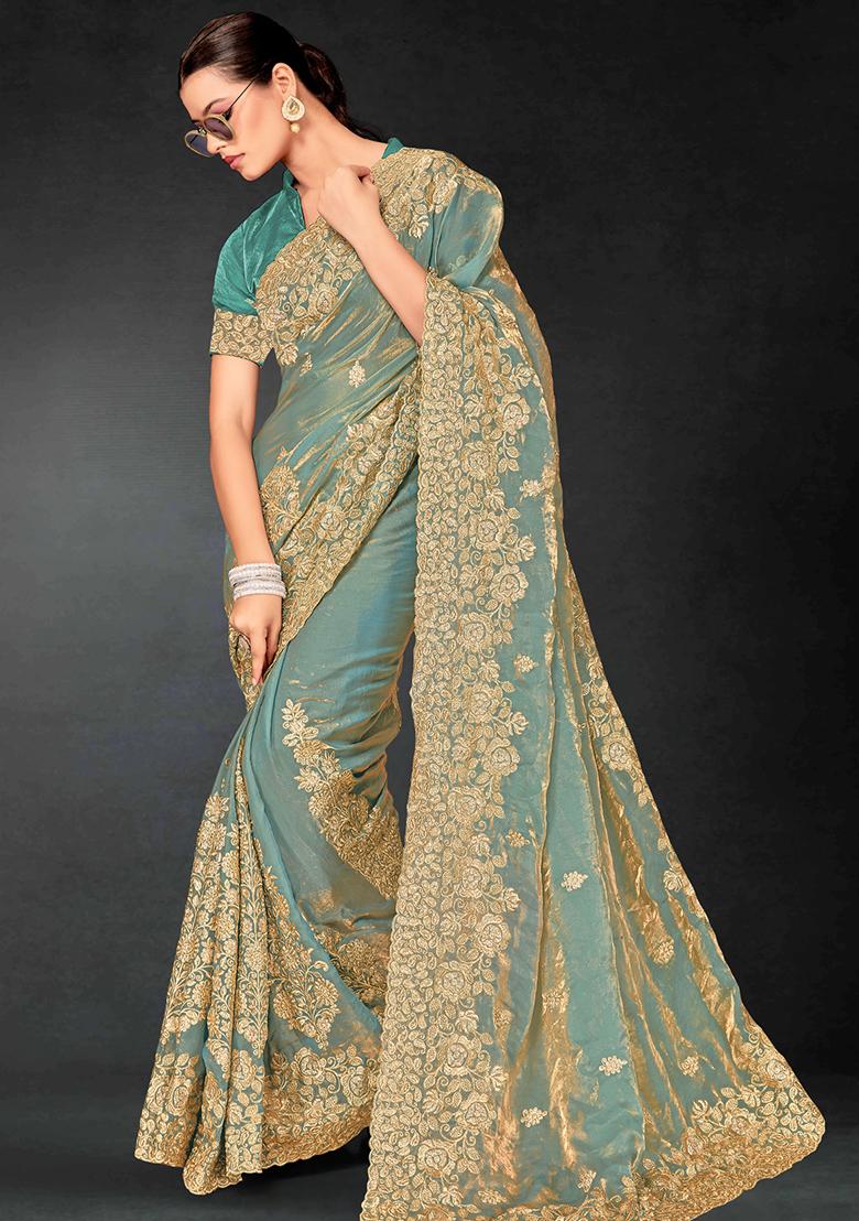 Sea Green Zari Embroidered Sequin Art Silk Saree Set