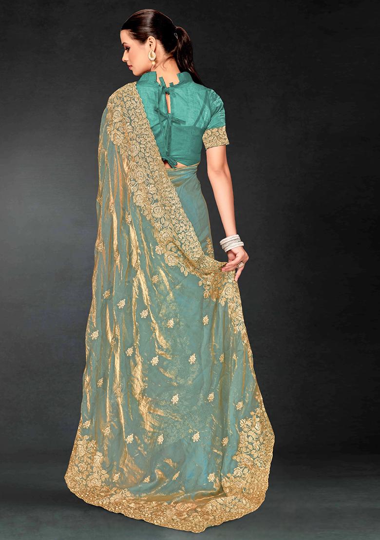 Sea Green Zari Embroidered Sequin Art Silk Saree Set