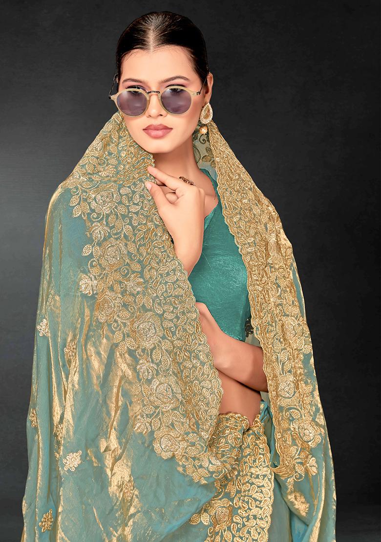 Sea Green Zari Embroidered Sequin Art Silk Saree Set