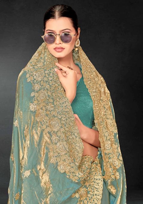 Sea Green Zari Embroidered Sequin Art Silk Saree Set