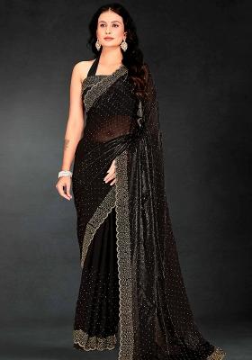 Black Zarkan Diamond Cut Dana Border Two Tone Silk Saree Set