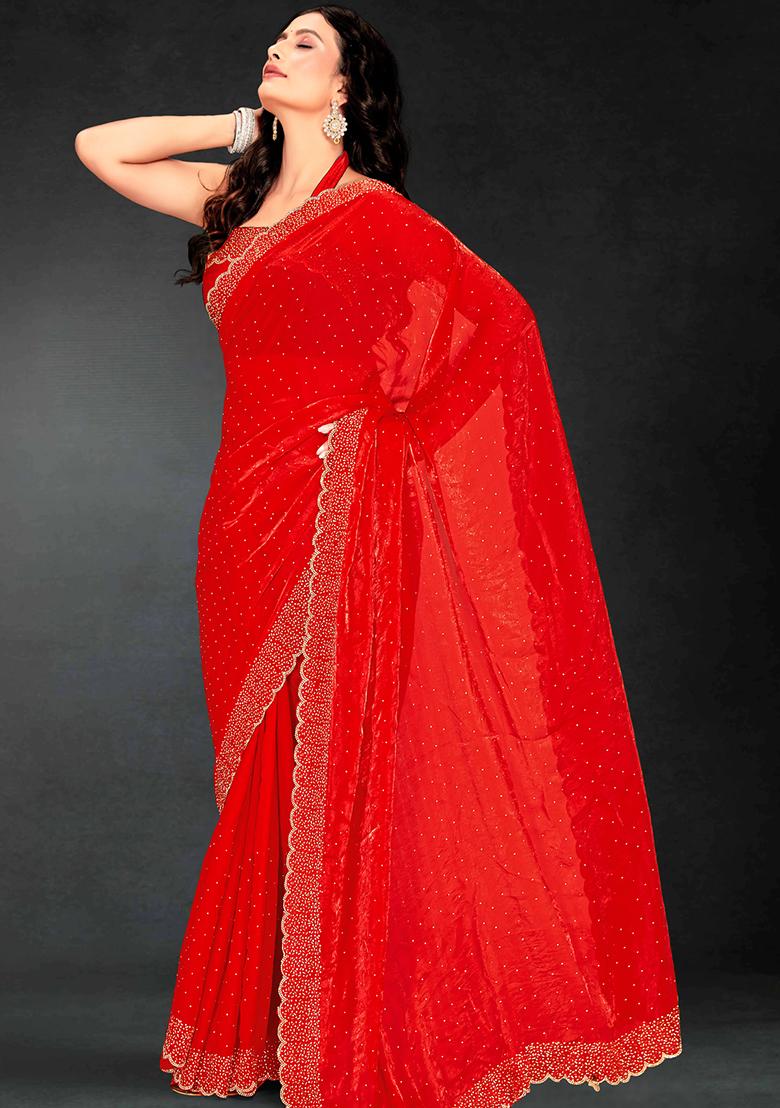 Red Zarkan Diamond Cut Dana Border Two Tone Silk Saree Set