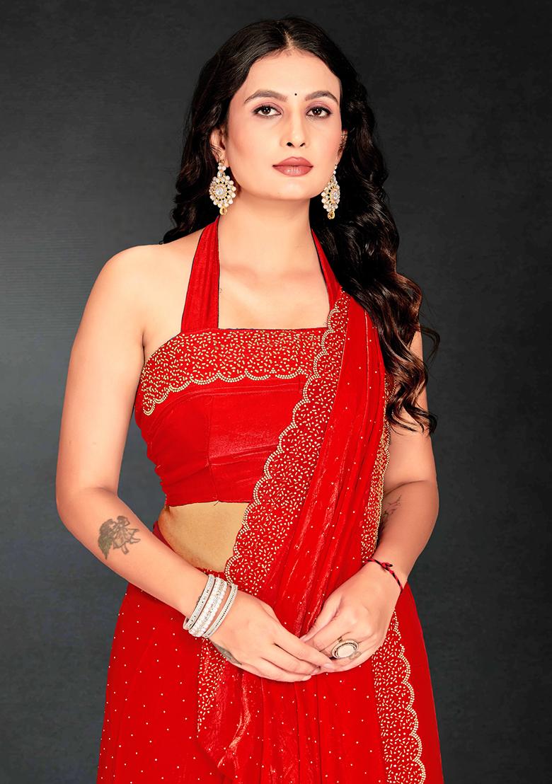 Red Zarkan Diamond Cut Dana Border Two Tone Silk Saree Set