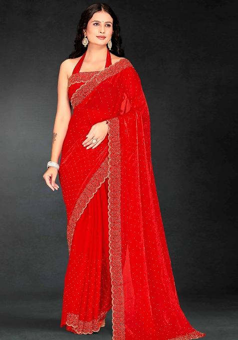Red Zarkan Diamond Cut Dana Border Two Tone Silk Saree Set