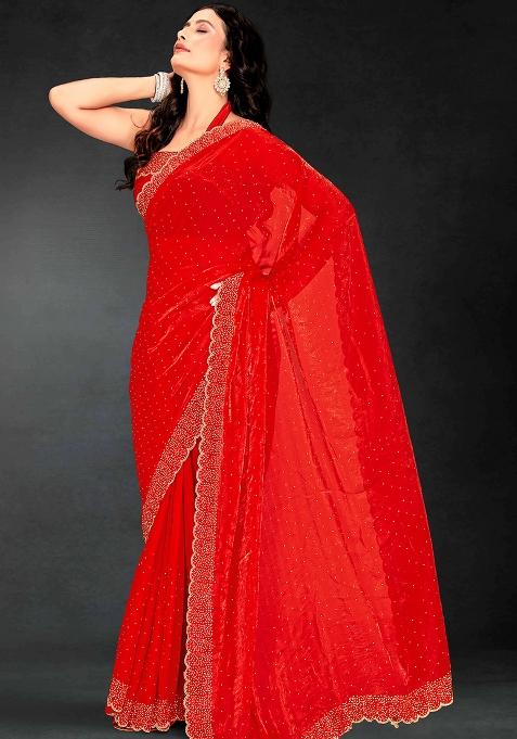 Red Zarkan Diamond Cut Dana Border Two Tone Silk Saree Set