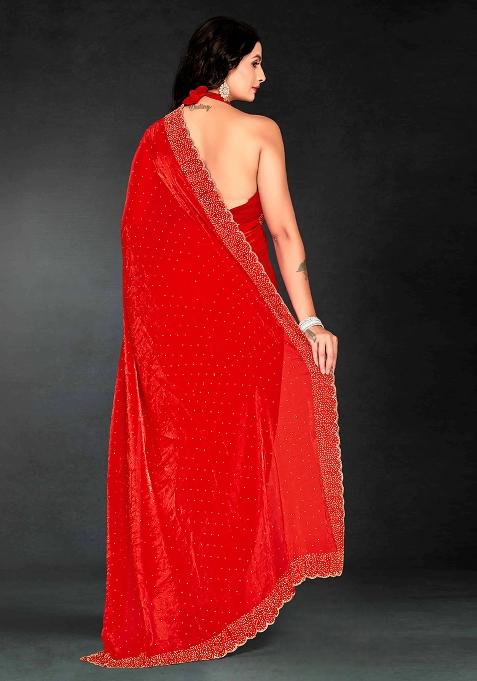 Red Zarkan Diamond Cut Dana Border Two Tone Silk Saree Set