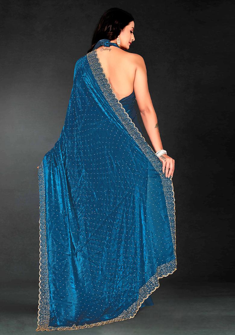 Teal Blue Zarkan Diamond Cut Dana Border Two Tone Silk Saree Set