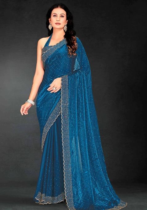 Teal Blue Zarkan Diamond Cut Dana Border Two Tone Silk Saree Set