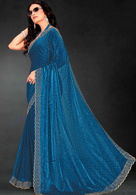 Teal Blue Zarkan Diamond Cut Dana Border Two Tone Silk Saree Set