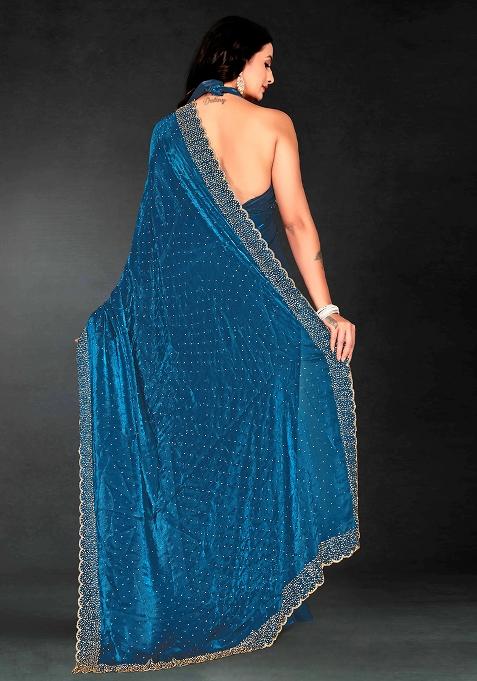 Teal Blue Zarkan Diamond Cut Dana Border Two Tone Silk Saree Set