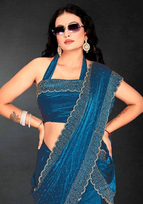 Teal Blue Zarkan Diamond Cut Dana Border Two Tone Silk Saree Set