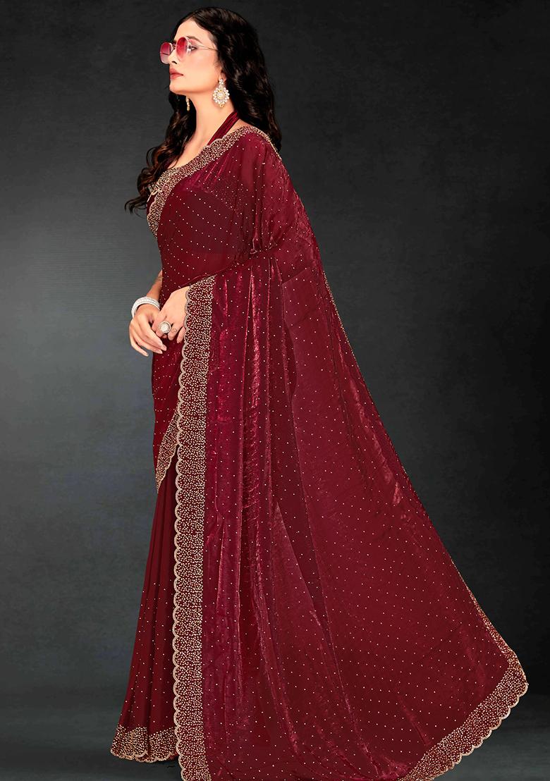 Maroon Zarkan Diamond Cut Dana Border Two Tone Silk Saree Set
