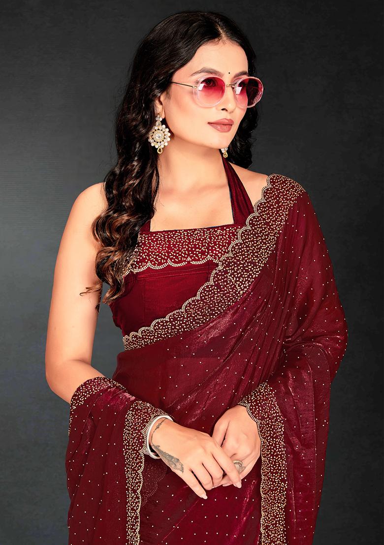 Maroon Zarkan Diamond Cut Dana Border Two Tone Silk Saree Set