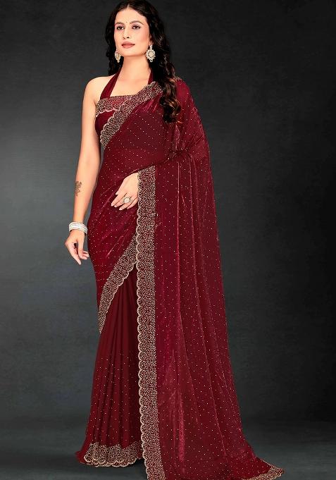 Maroon Zarkan Diamond Cut Dana Border Two Tone Silk Saree Set