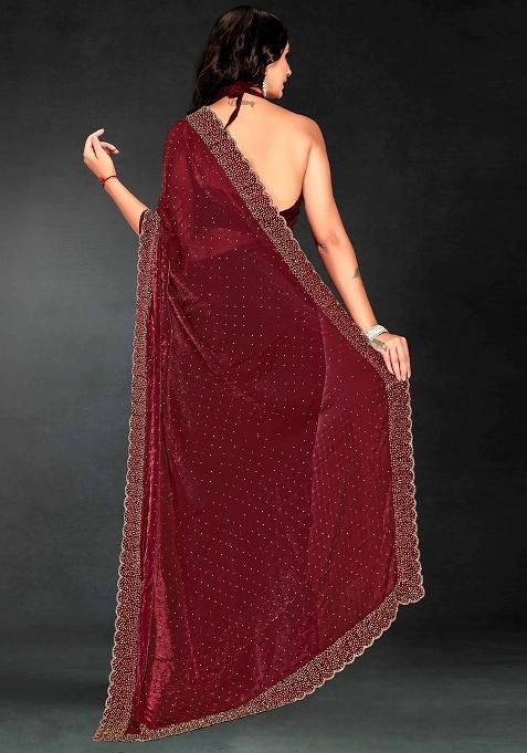 Maroon Zarkan Diamond Cut Dana Border Two Tone Silk Saree Set