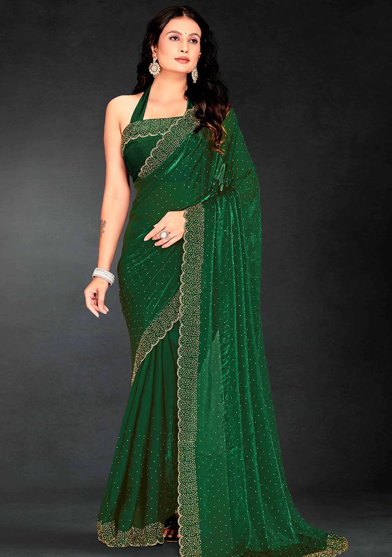 Dark Green Zarkan Diamond Cut Dana Border Two Tone Silk Saree Set - Indya