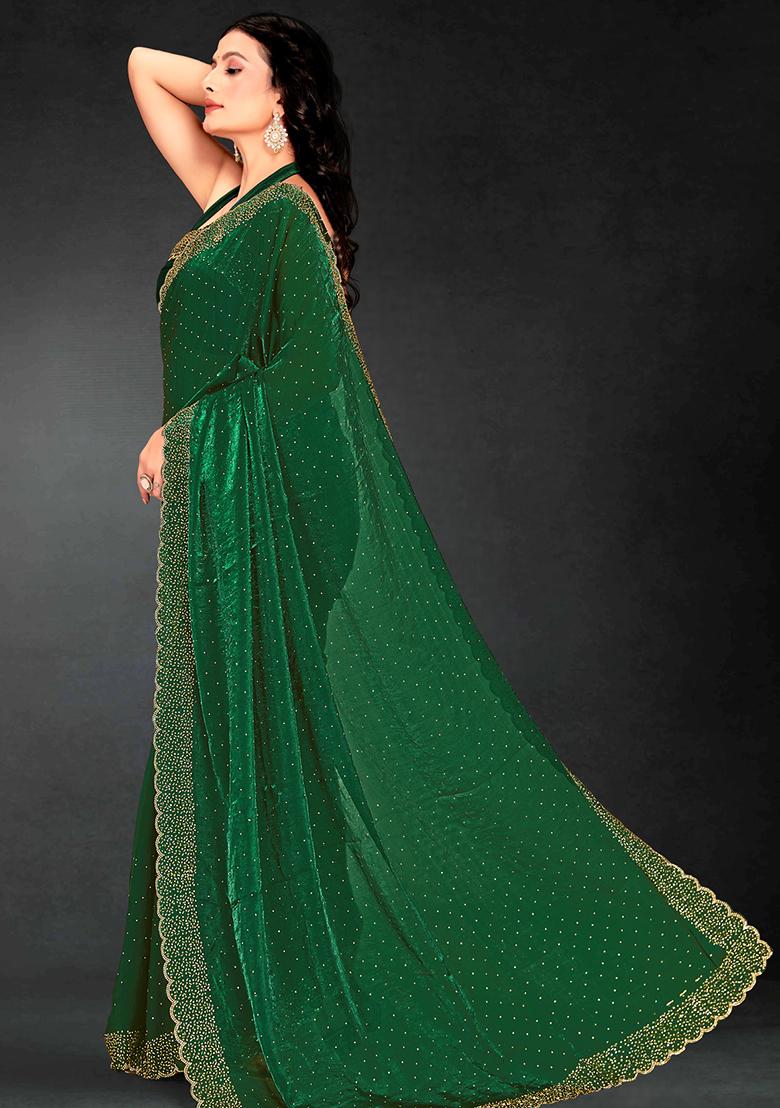 Dark Green Zarkan Diamond Cut Dana Border Two Tone Silk Saree Set