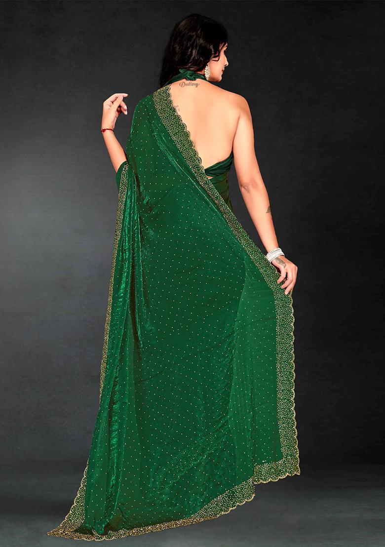 Dark Green Zarkan Diamond Cut Dana Border Two Tone Silk Saree Set - Indya