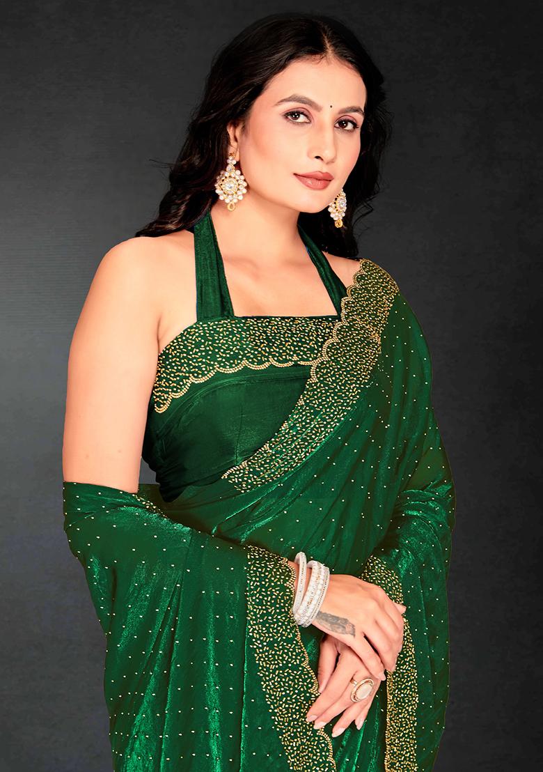 Dark Green Zarkan Diamond Cut Dana Border Two Tone Silk Saree Set