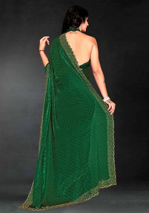Dark Green Zarkan Diamond Cut Dana Border Two Tone Silk Saree Set