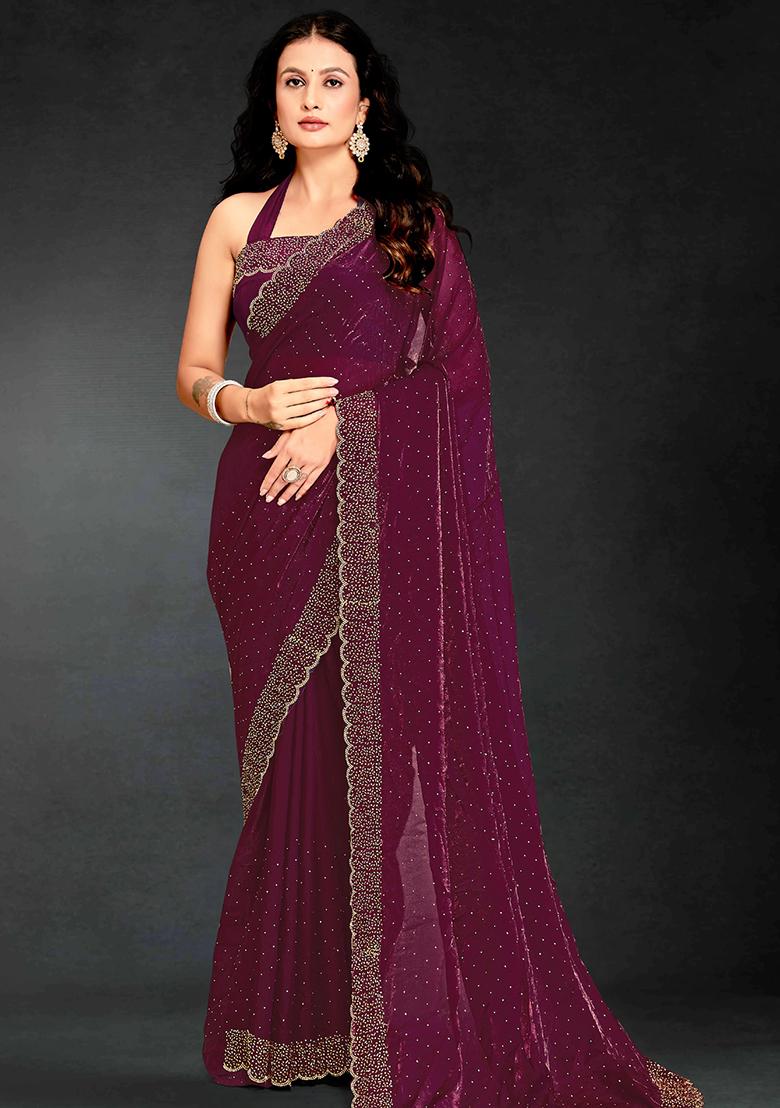 Purple Zarkan Diamond Cut Dana Border Two Tone Silk Saree Set