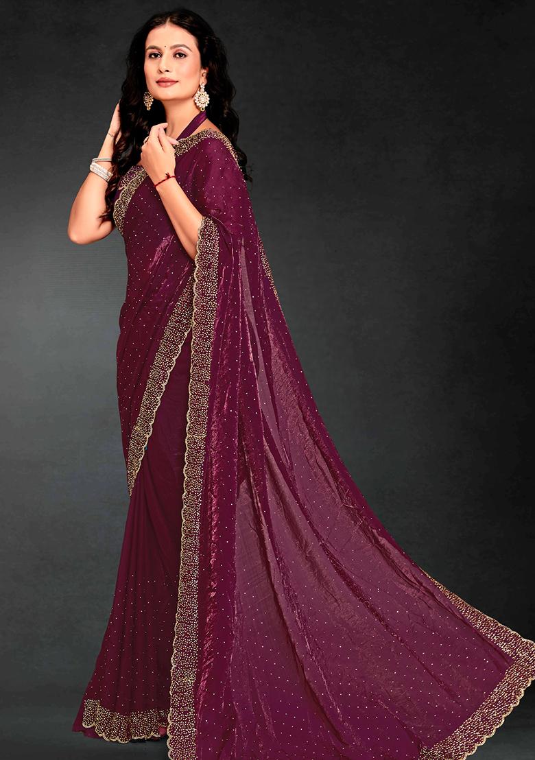 Purple Zarkan Diamond Cut Dana Border Two Tone Silk Saree Set
