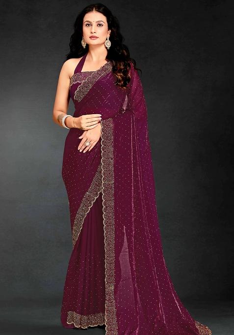 Purple Zarkan Diamond Cut Dana Border Two Tone Silk Saree Set