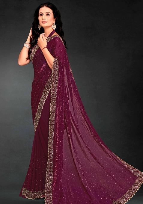 Purple Zarkan Diamond Cut Dana Border Two Tone Silk Saree Set