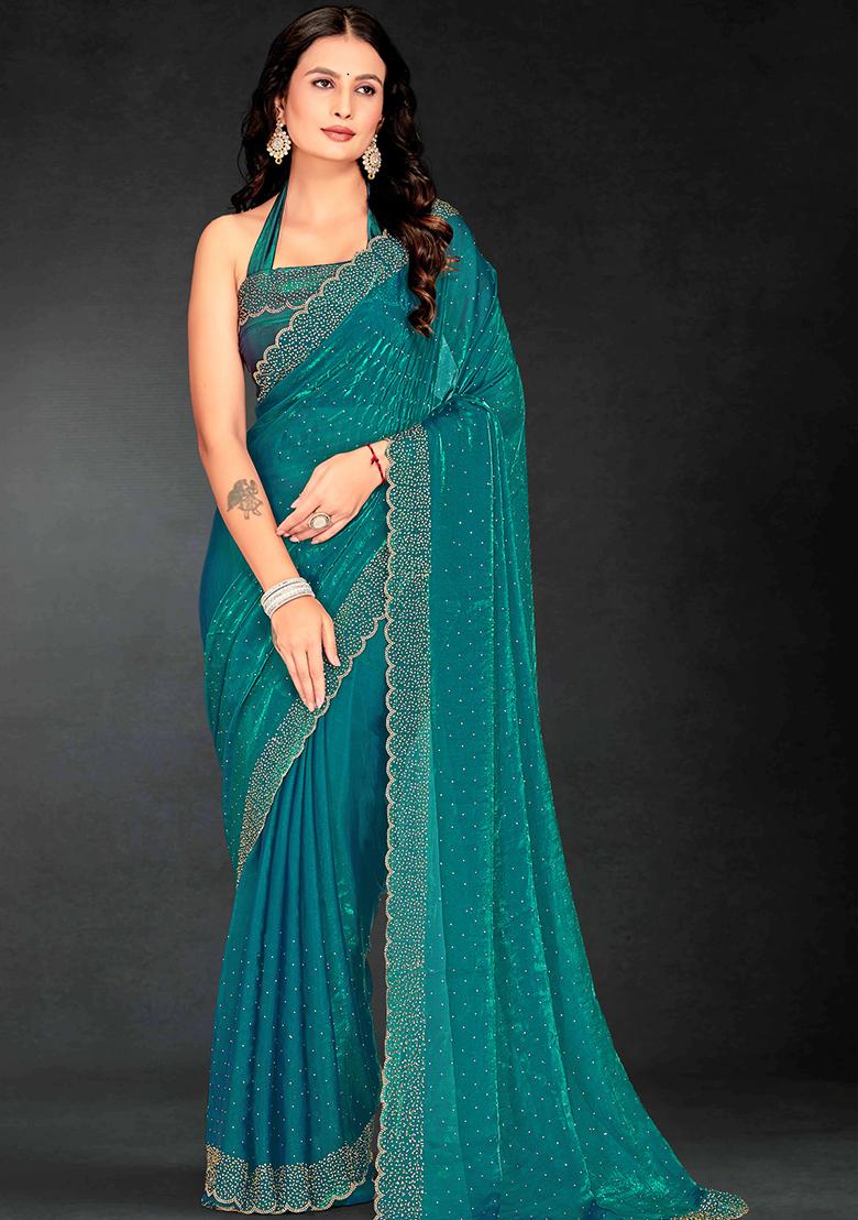 Sea Green Zarkan Diamond Cut Dana Border Two Tone Silk Saree Set
