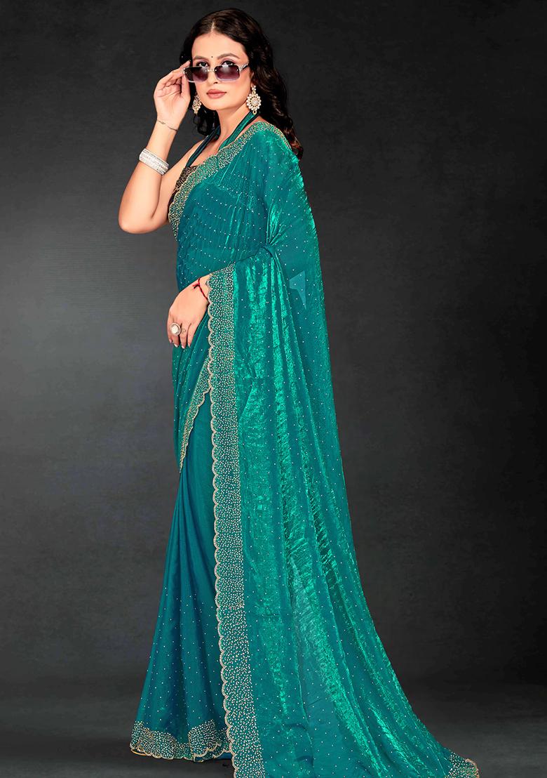 Sea Green Zarkan Diamond Cut Dana Border Two Tone Silk Saree Set