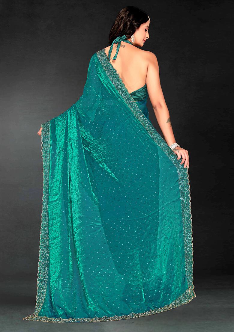 Sea Green Zarkan Diamond Cut Dana Border Two Tone Silk Saree Set