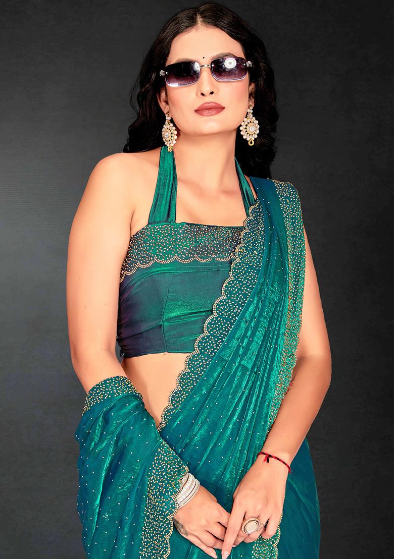 Sea Green Zarkan Diamond Cut Dana Border Two Tone Silk Saree Set