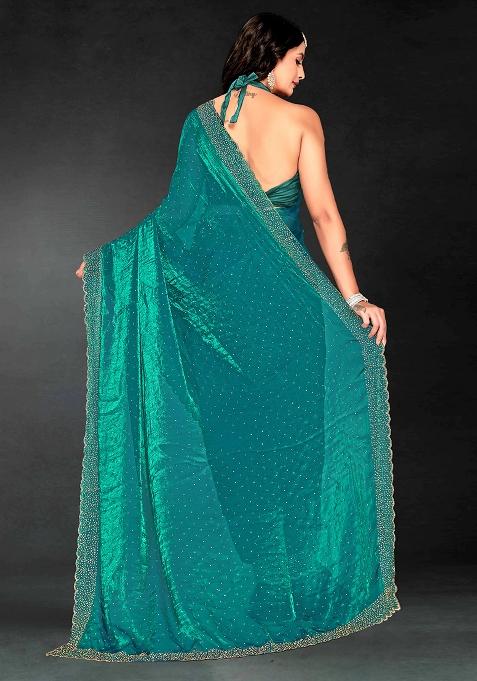 Sea Green Zarkan Diamond Cut Dana Border Two Tone Silk Saree Set