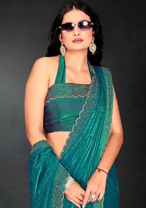 Sea Green Zarkan Diamond Cut Dana Border Two Tone Silk Saree Set