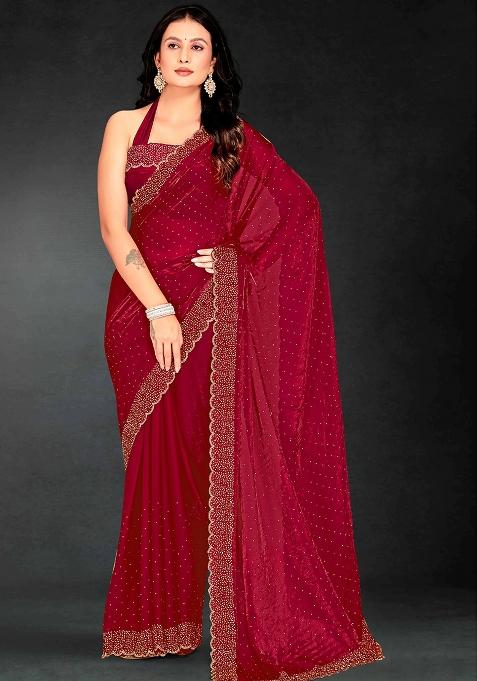Magenta Zarkan Diamond Cut Dana Border Two Tone Silk Saree Set