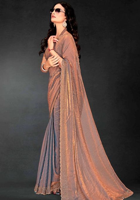 Grey Zarkan Diamond Cut Dana Border Two Tone Silk Saree Set