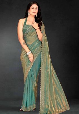 Green Zarkan Diamond Cut Dana Border Two Tone Silk Saree Set