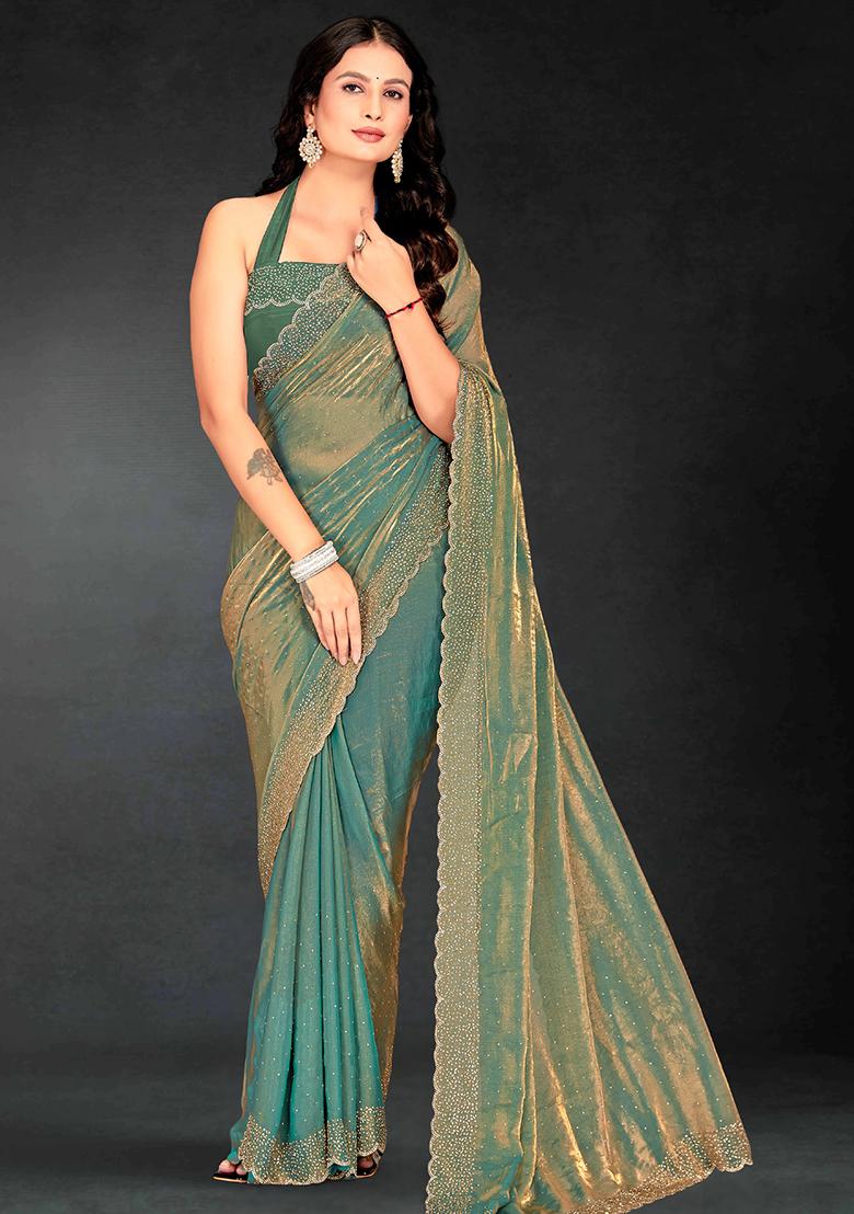 Green Zarkan Diamond Cut Dana Border Two Tone Silk Saree Set