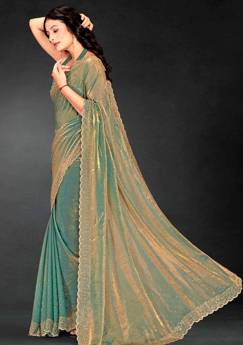 Green Zarkan Diamond Cut Dana Border Two Tone Silk Saree Set