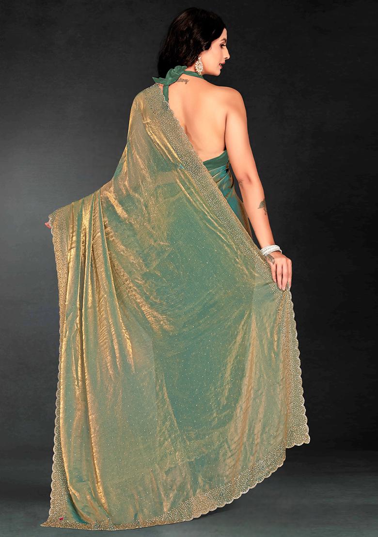 Green Zarkan Diamond Cut Dana Border Two Tone Silk Saree Set