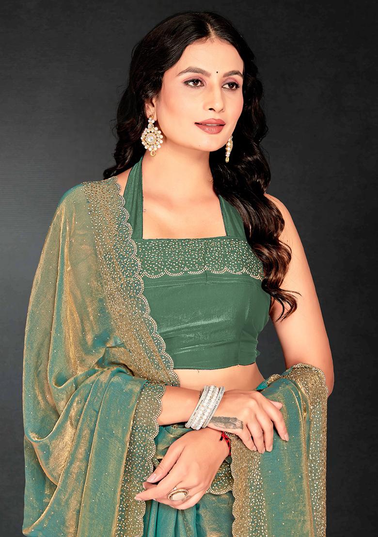 Green Zarkan Diamond Cut Dana Border Two Tone Silk Saree Set - Indya