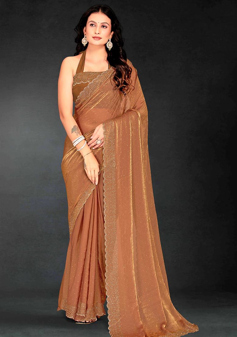 Brown Zarkan Diamond Cut Dana Border Two Tone Silk Saree Set