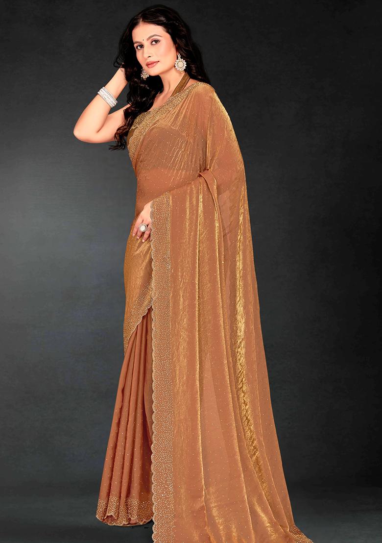 Brown Zarkan Diamond Cut Dana Border Two Tone Silk Saree Set - Indya